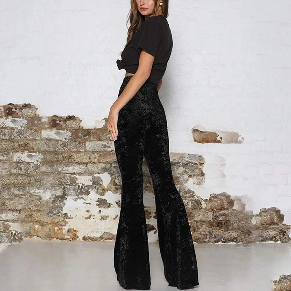 Women Velvet High Waist Wide Leg Long Palazzo Bell Bottom Yoga Pants Flare Pants