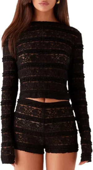 Women Y2K Floral Lace Shorts Set 2 Piece Sheer Outfits Long Sleeve Semi See Through Top Bodycon Shorts