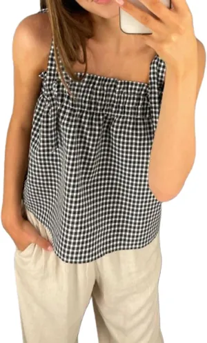 Women Y2K Plaid Tank Tops Sleeveless Spaghetti Strap Tie Front Gingham Peplum Shirts Ruffle Hem Camisole Top Streetwear
