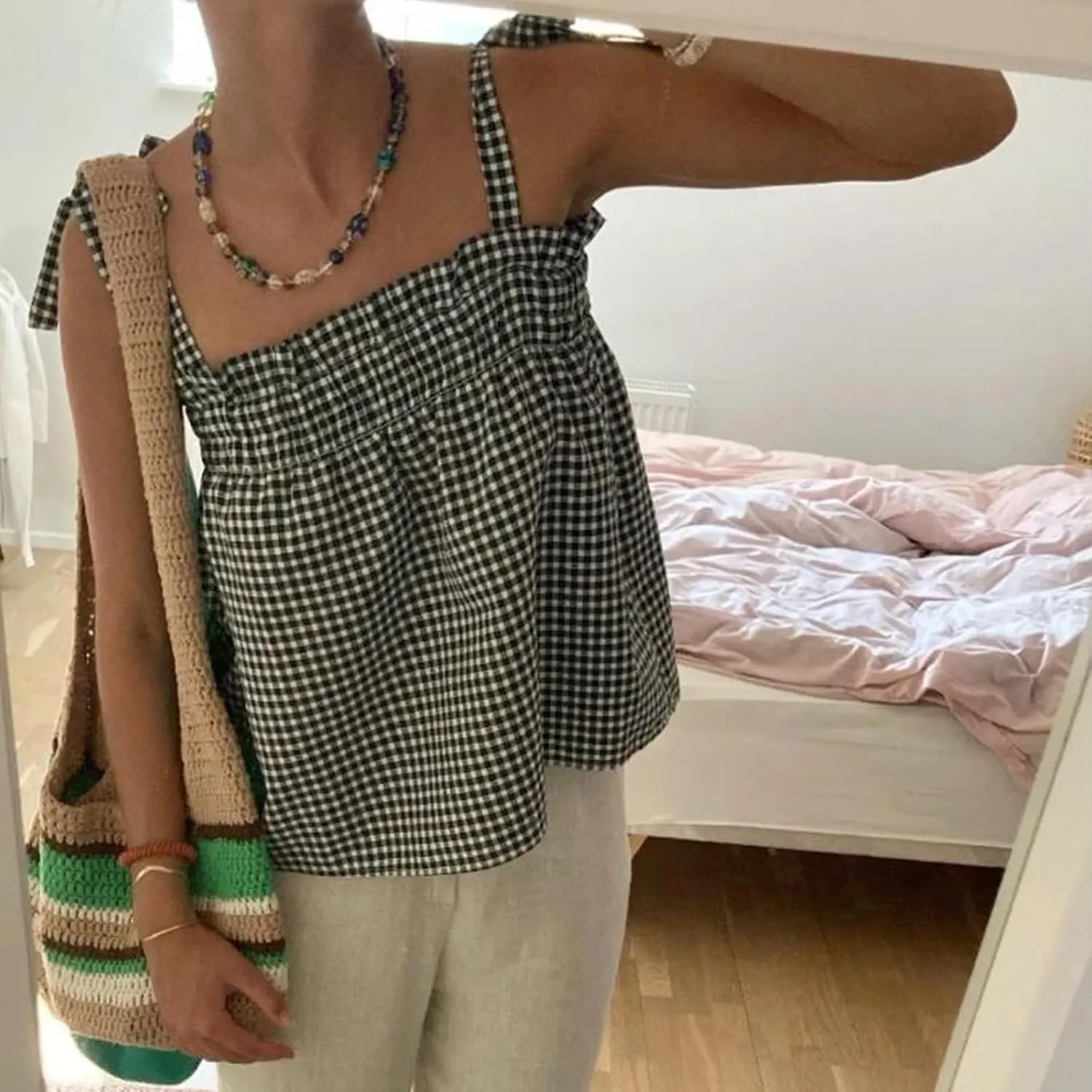 Women Y2K Plaid Tank Tops Sleeveless Spaghetti Strap Tie Front Gingham Peplum Shirts Ruffle Hem Camisole Top Streetwear