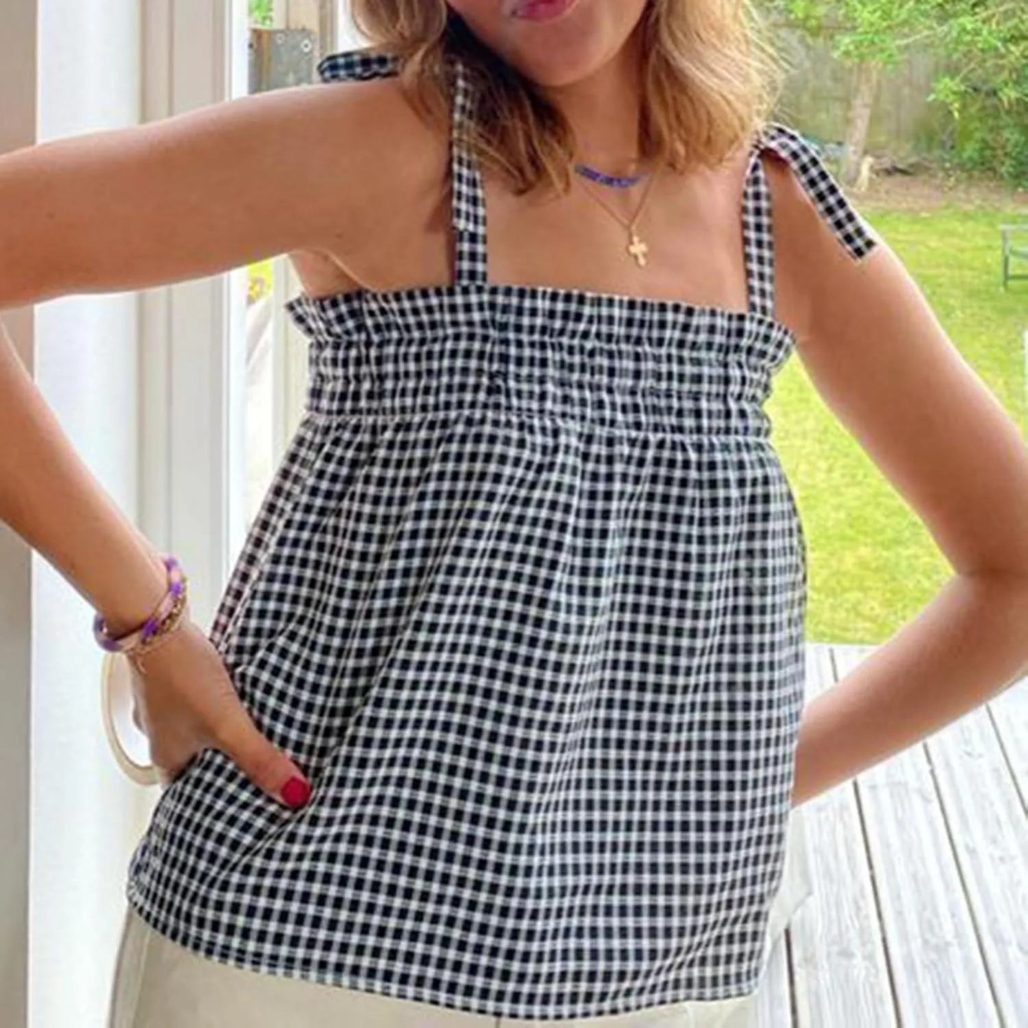 Women Y2K Plaid Tank Tops Sleeveless Spaghetti Strap Tie Front Gingham Peplum Shirts Ruffle Hem Camisole Top Streetwear