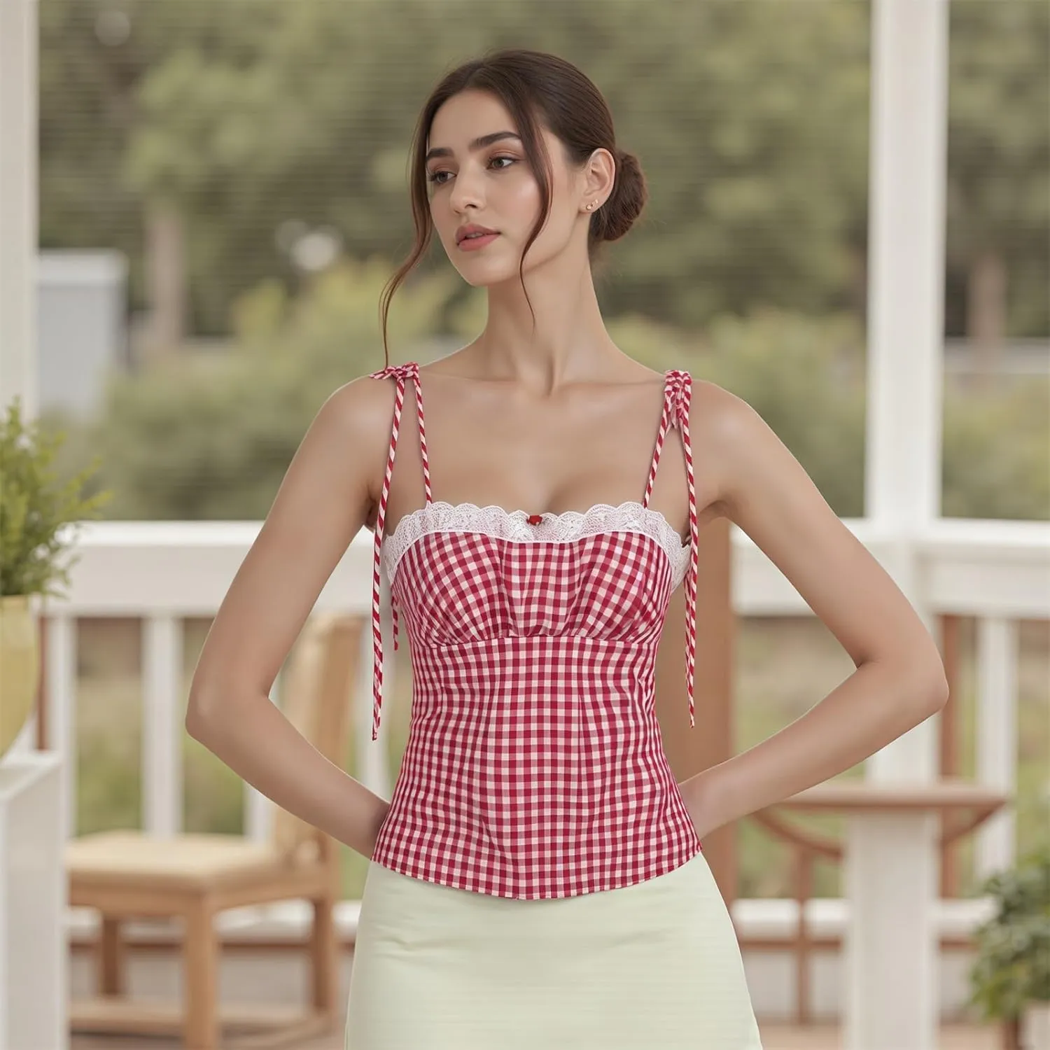 Women Y2k Plaid Tank Tops Tie Shoulder Lace Trim Cami Top Aesthetic Summer Going Out Camisoles