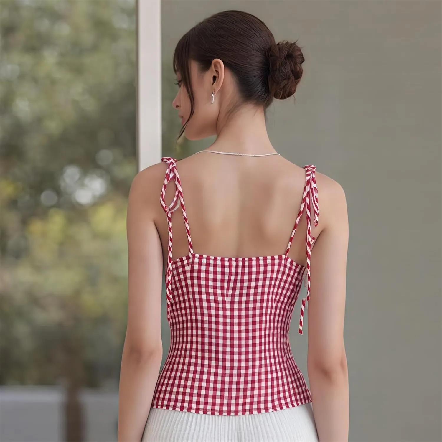 Women Y2k Plaid Tank Tops Tie Shoulder Lace Trim Cami Top Aesthetic Summer Going Out Camisoles