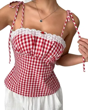 Women Y2k Plaid Tank Tops Tie Shoulder Lace Trim Cami Top Aesthetic Summer Going Out Camisoles