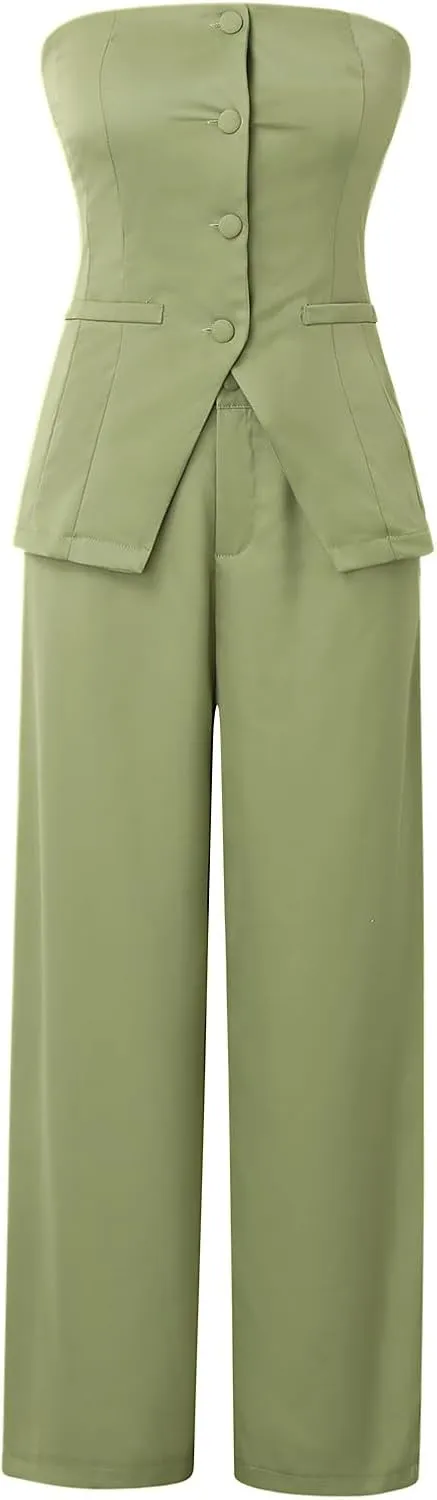 Womens 2 Piece Business Sets Sleeveless Buttons Off Shoulder Tops Straight Leg Dress Work Pants Suit Set