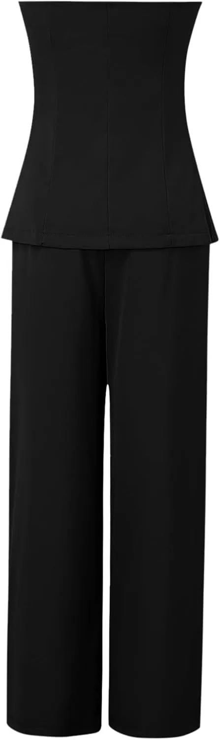 Womens 2 Piece Business Sets Sleeveless Buttons Off Shoulder Tops Straight Leg Dress Work Pants Suit Set