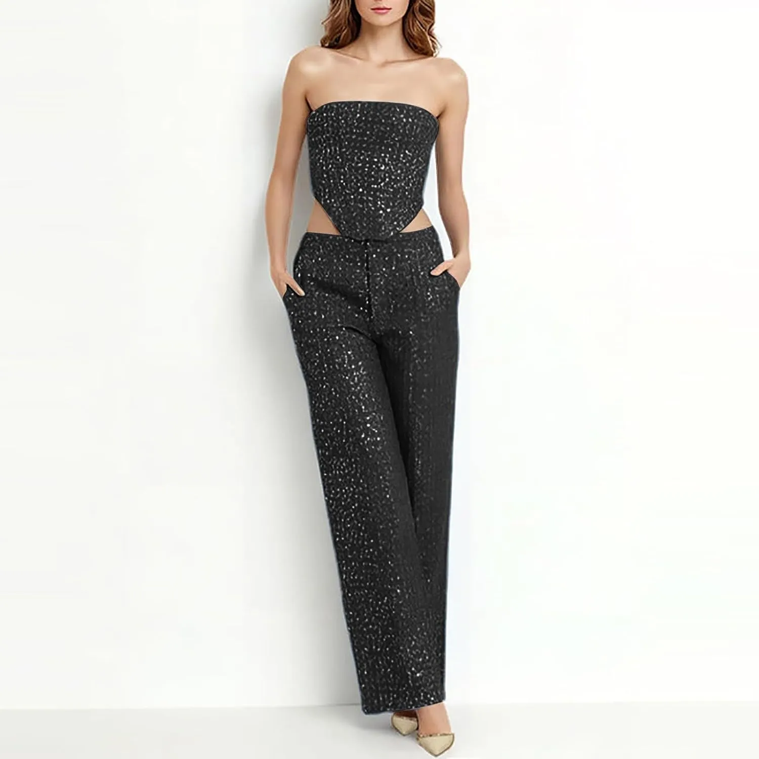 Womens 2 Piece Business Sets Sleeveless Buttons Off Shoulder Tops Straight Leg Dress Work Pants Suit Set