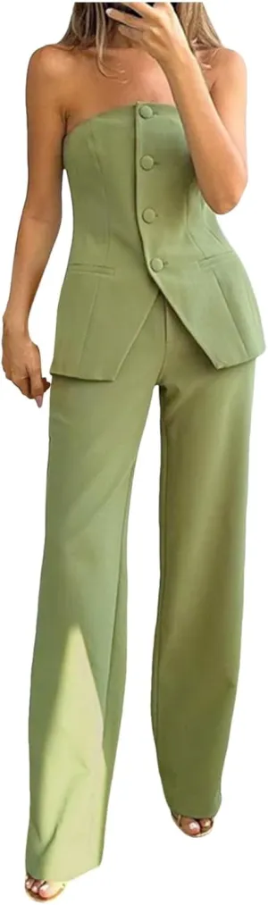 Womens 2 Piece Business Sets Sleeveless Buttons Off Shoulder Tops Straight Leg Dress Work Pants Suit Set