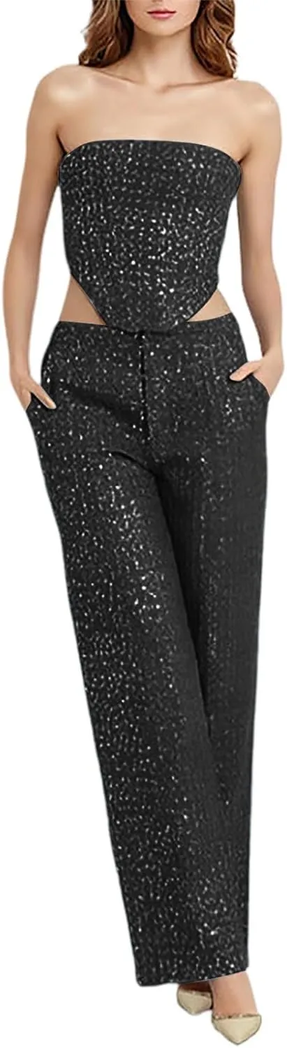 Womens 2 Piece Business Sets Sleeveless Buttons Off Shoulder Tops Straight Leg Dress Work Pants Suit Set
