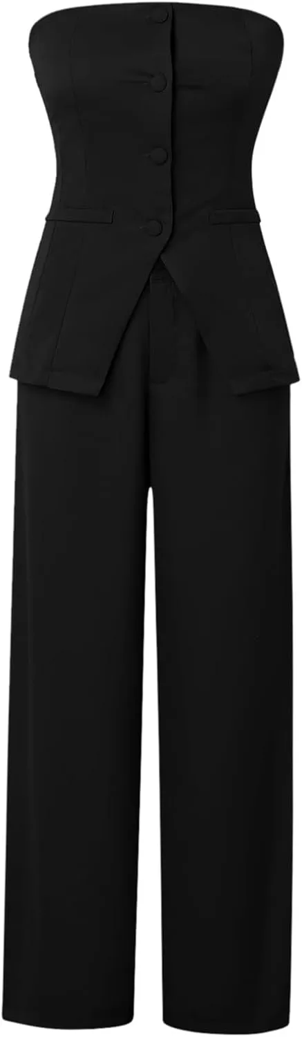 Womens 2 Piece Business Sets Sleeveless Buttons Off Shoulder Tops Straight Leg Dress Work Pants Suit Set