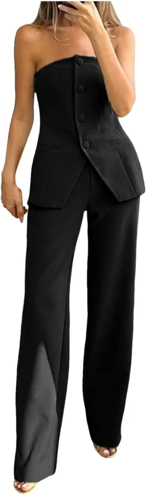Womens 2 Piece Business Sets Sleeveless Buttons Off Shoulder Tops Straight Leg Dress Work Pants Suit Set