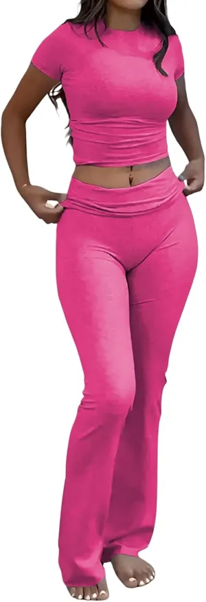 Womens 2 Piece Lounge Sets Foldover Yoga Flare Leggings Pant Short Sleeve Crop Top Casual Y2k Outfits Matching Set Tracksuit