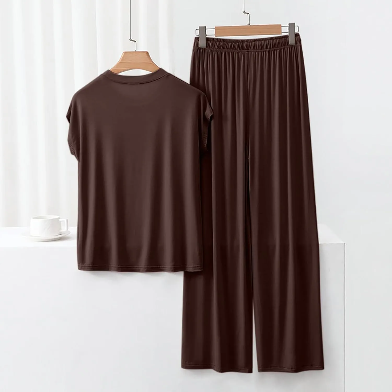Womens 2 Piece Outfits 2025 Summer Casual Loose Short Sleeve Pullover Tops & Wide Leg Pants Lounge Sets Tracksuit
