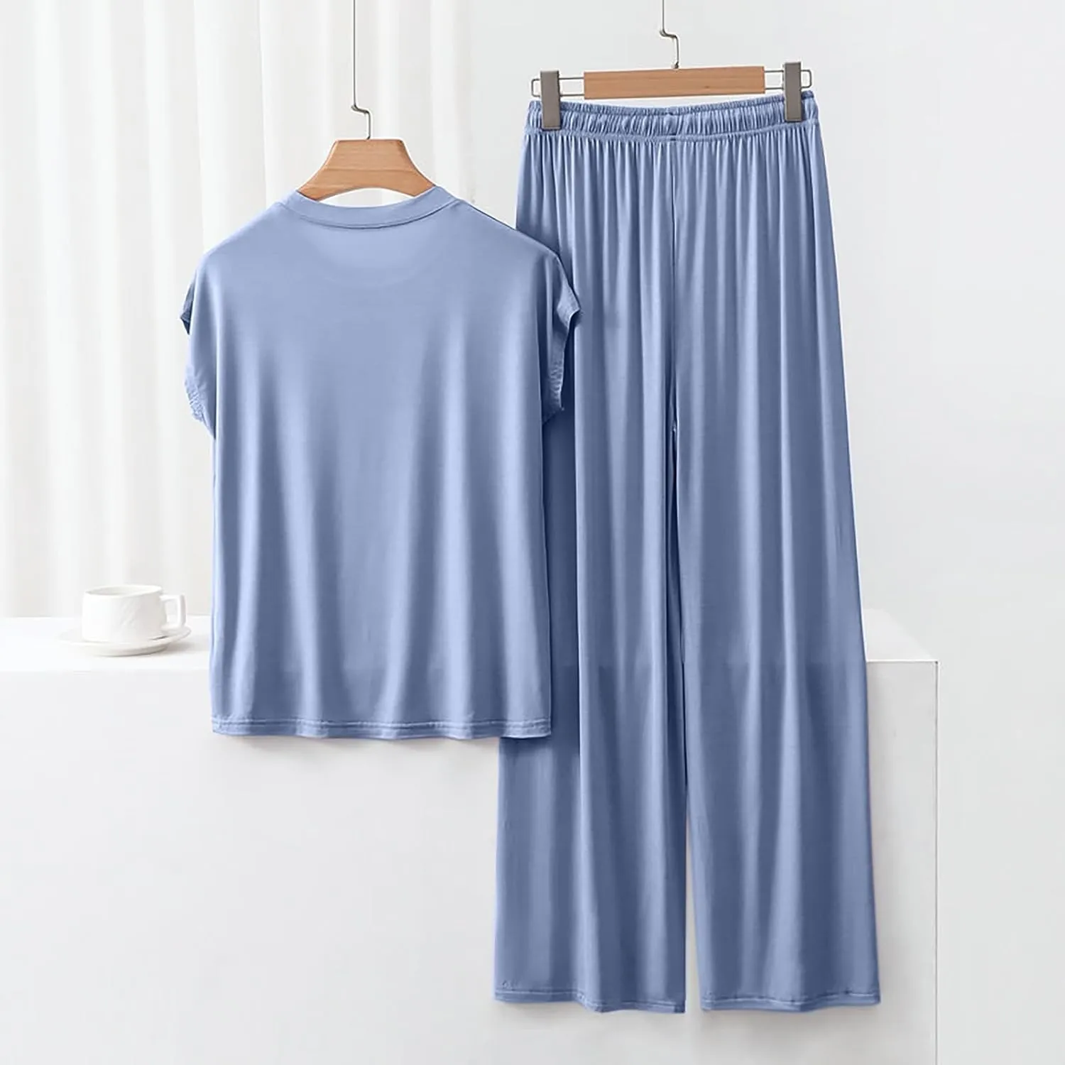 Womens 2 Piece Outfits 2025 Summer Casual Loose Short Sleeve Pullover Tops & Wide Leg Pants Lounge Sets Tracksuit