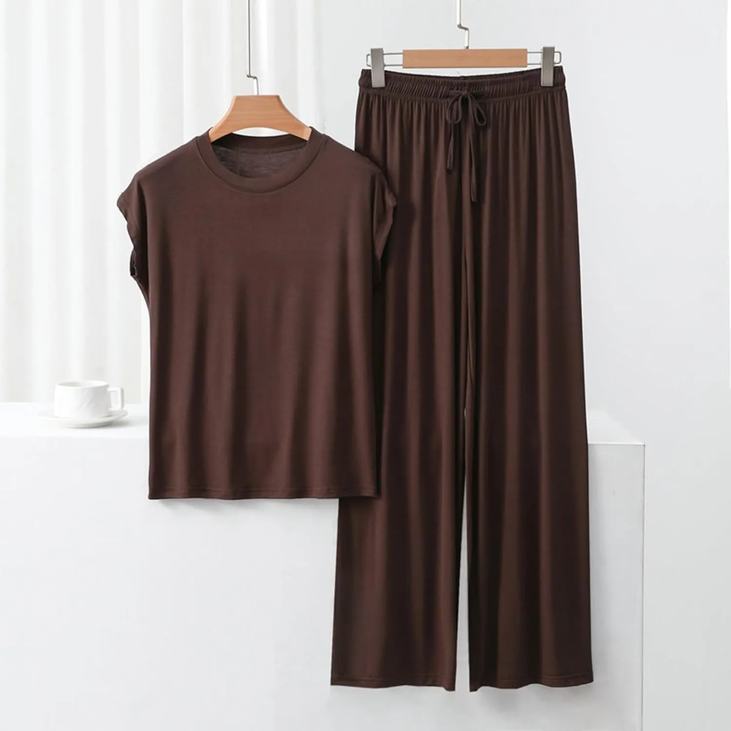 Womens 2 Piece Outfits 2025 Summer Casual Loose Short Sleeve Pullover Tops & Wide Leg Pants Lounge Sets Tracksuit