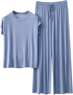 Womens 2 Piece Outfits 2025 Summer Casual Loose Short Sleeve Pullover Tops & Wide Leg Pants Lounge Sets Tracksuit