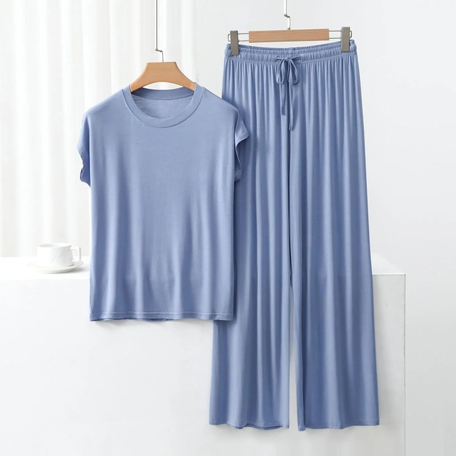 Womens 2 Piece Outfits 2025 Summer Casual Loose Short Sleeve Pullover Tops & Wide Leg Pants Lounge Sets Tracksuit
