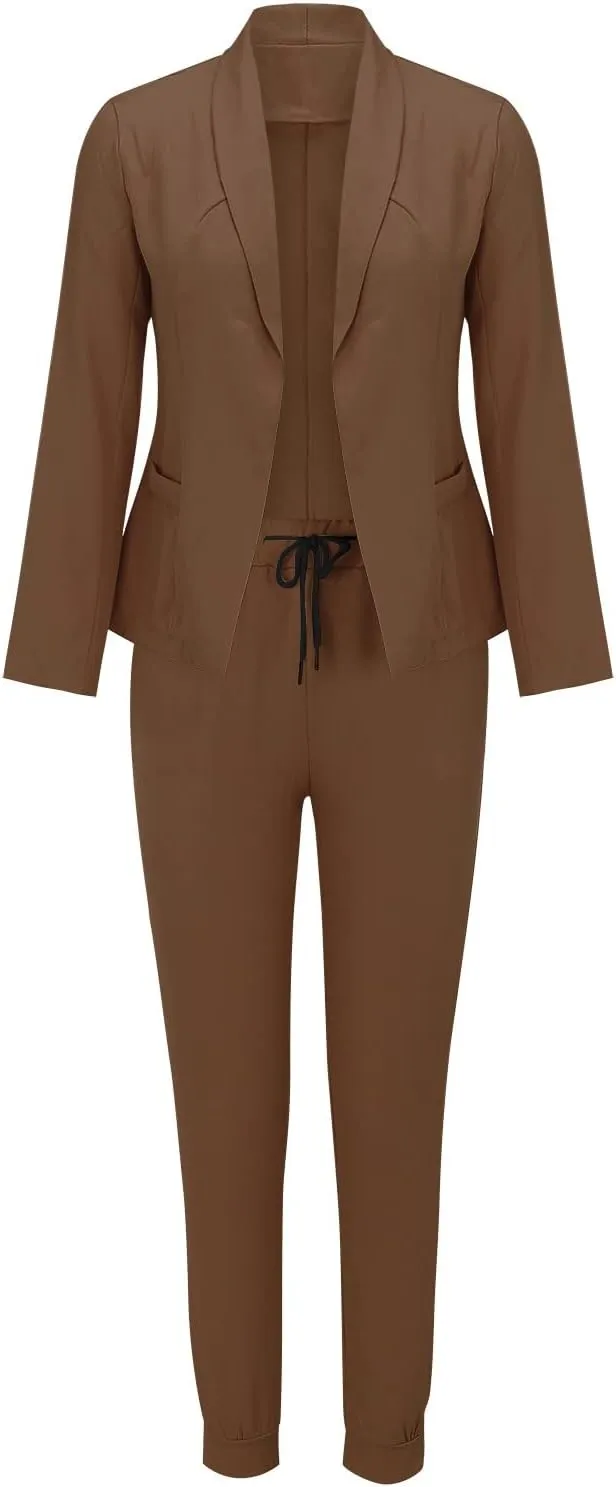 Women's 2 Piece Outfits Dressy Casual Lapel Neck Open-Front Blazer Drawstring Jogger Pants Sets Slim Fit Suit Set