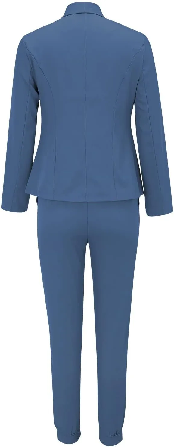 Women's 2 Piece Outfits Dressy Casual Lapel Neck Open-Front Blazer Drawstring Jogger Pants Sets Slim Fit Suit Set