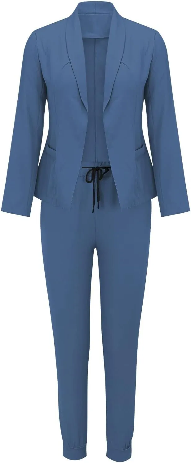 Women's 2 Piece Outfits Dressy Casual Lapel Neck Open-Front Blazer Drawstring Jogger Pants Sets Slim Fit Suit Set