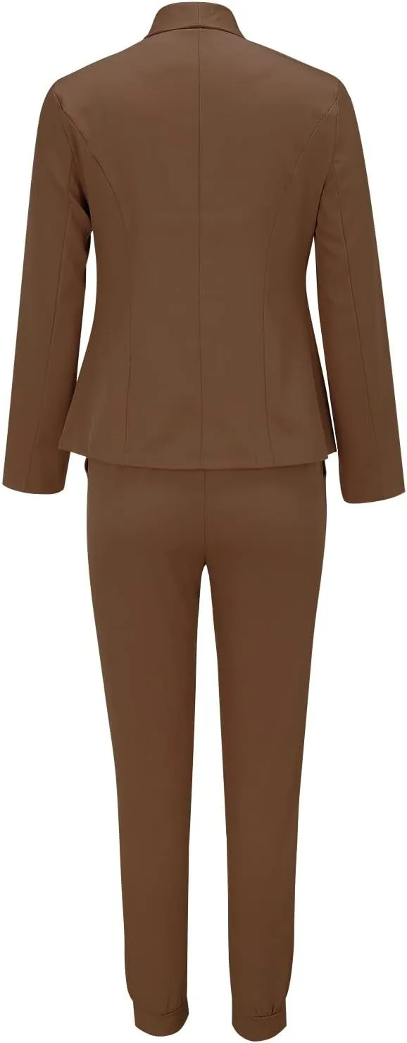 Women's 2 Piece Outfits Dressy Casual Lapel Neck Open-Front Blazer Drawstring Jogger Pants Sets Slim Fit Suit Set