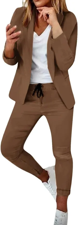 Women's 2 Piece Outfits Dressy Casual Lapel Neck Open-Front Blazer Drawstring Jogger Pants Sets Slim Fit Suit Set