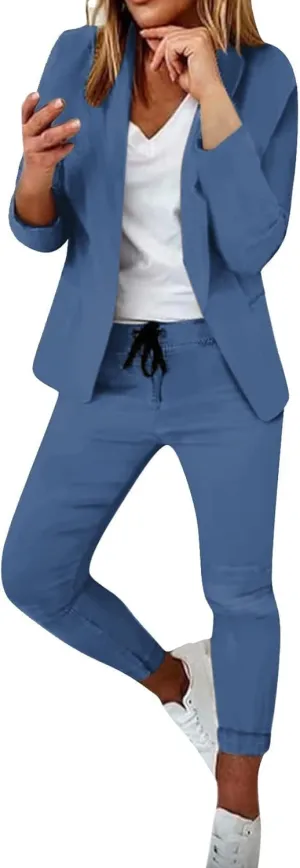 Women's 2 Piece Outfits Dressy Casual Lapel Neck Open-Front Blazer Drawstring Jogger Pants Sets Slim Fit Suit Set