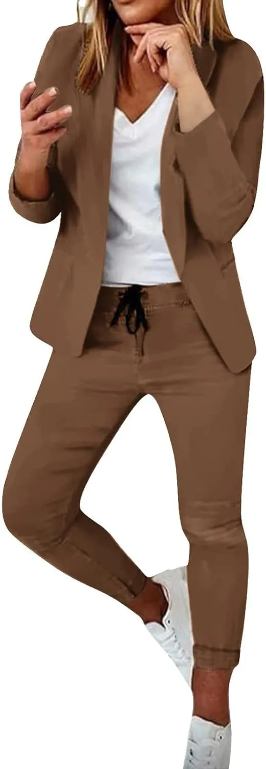 Women's 2 Piece Outfits Dressy Casual Lapel Neck Open-Front Blazer Drawstring Jogger Pants Sets Slim Fit Suit Set