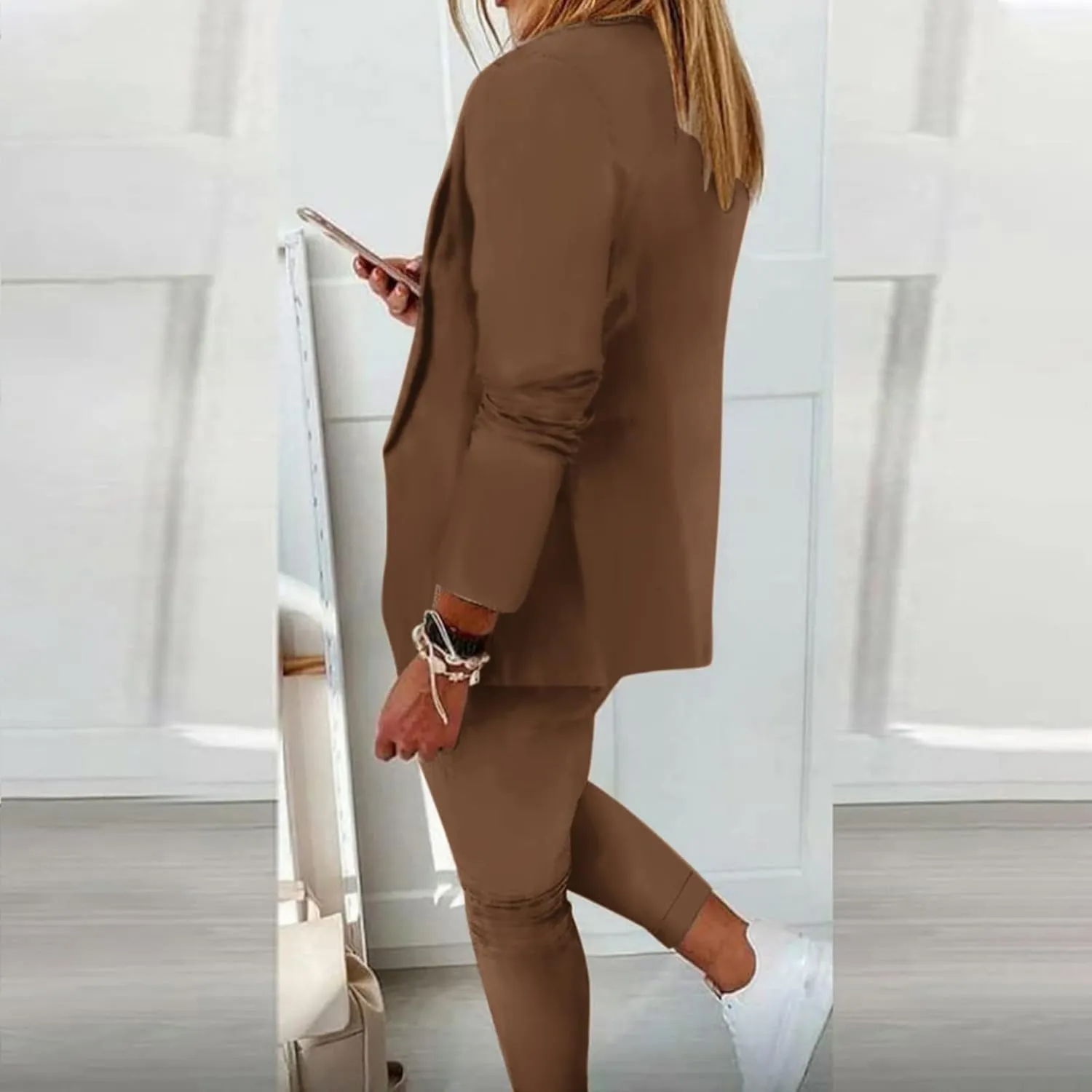 Women's 2 Piece Outfits Dressy Casual Lapel Neck Open-Front Blazer Drawstring Jogger Pants Sets Slim Fit Suit Set