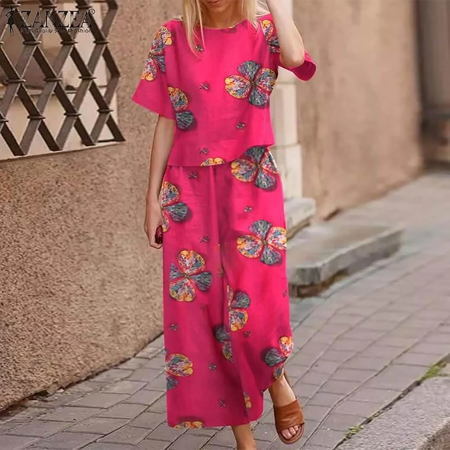 Women's 2 Piece Outfits Linen Short Sleeve Set Floral Print Crewneck Tops Wide Leg Pants Set Summer Matching Outfit