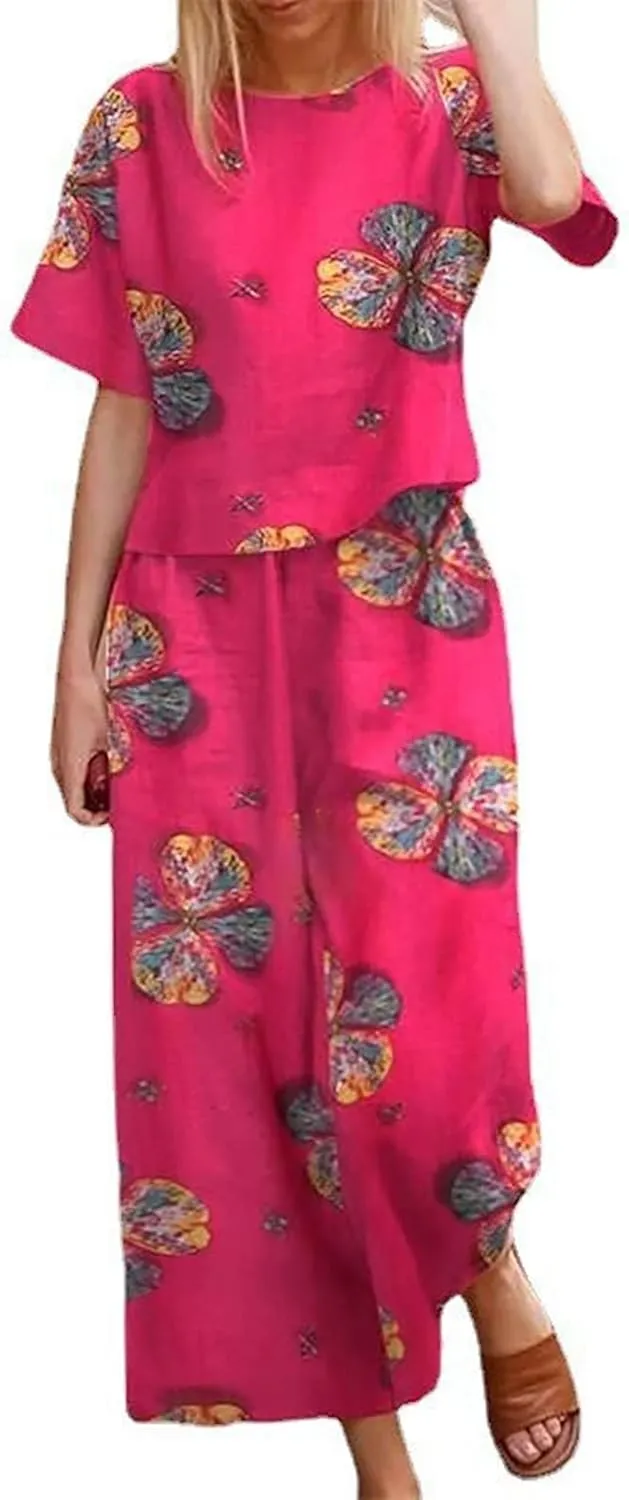 Women's 2 Piece Outfits Linen Short Sleeve Set Floral Print Crewneck Tops Wide Leg Pants Set Summer Matching Outfit