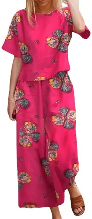 Women's 2 Piece Outfits Linen Short Sleeve Set Floral Print Crewneck Tops Wide Leg Pants Set Summer Matching Outfit
