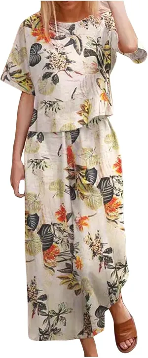 Women's 2 Piece Outfits Linen Short Sleeve Set Women Crewneck Tops Wide Leg Pants Set Plus Size Summer Matching Outfit