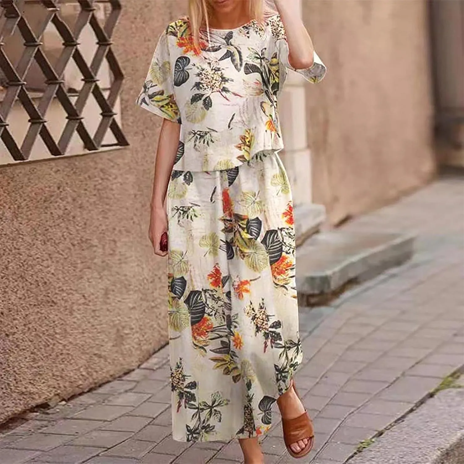 Women's 2 Piece Outfits Linen Short Sleeve Set Women Crewneck Tops Wide Leg Pants Set Plus Size Summer Matching Outfit