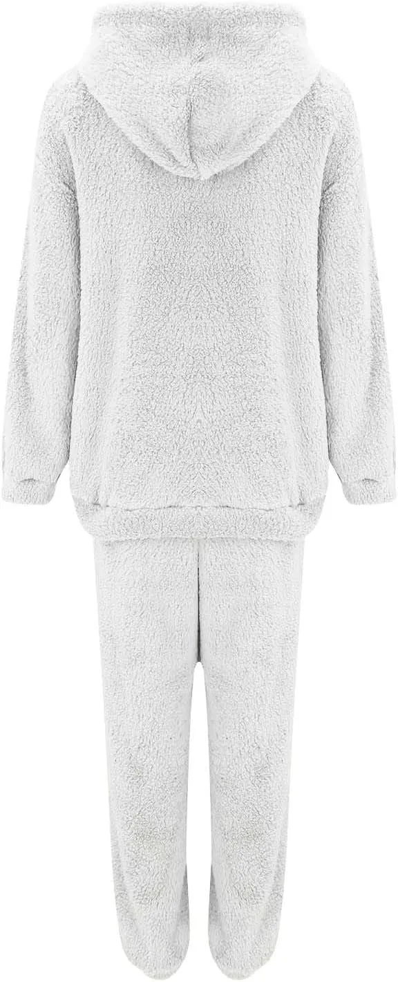 Womens 2 Piece Pajama Sets Women's Autumn and Winter Solid Color Hooded Long Sleeve Pocket Casual Fleece Pullover