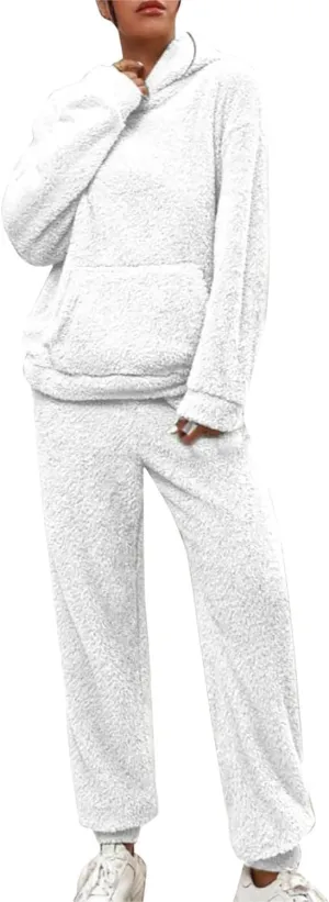 Womens 2 Piece Pajama Sets Women's Autumn and Winter Solid Color Hooded Long Sleeve Pocket Casual Fleece Pullover