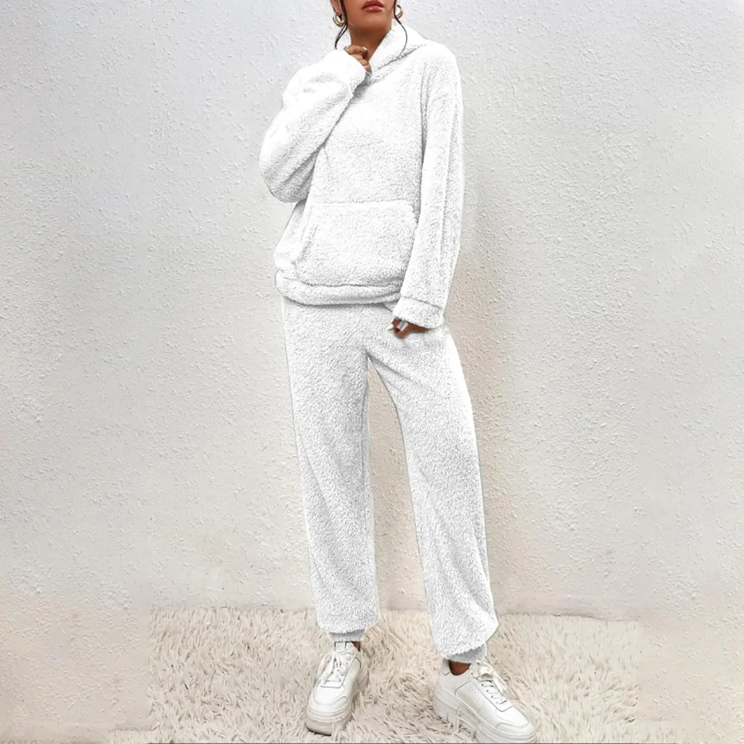 Womens 2 Piece Pajama Sets Women's Autumn and Winter Solid Color Hooded Long Sleeve Pocket Casual Fleece Pullover