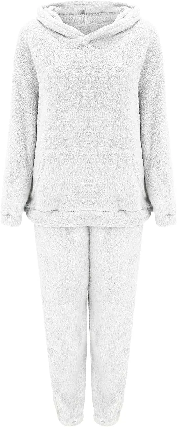 Womens 2 Piece Pajama Sets Women's Autumn and Winter Solid Color Hooded Long Sleeve Pocket Casual Fleece Pullover