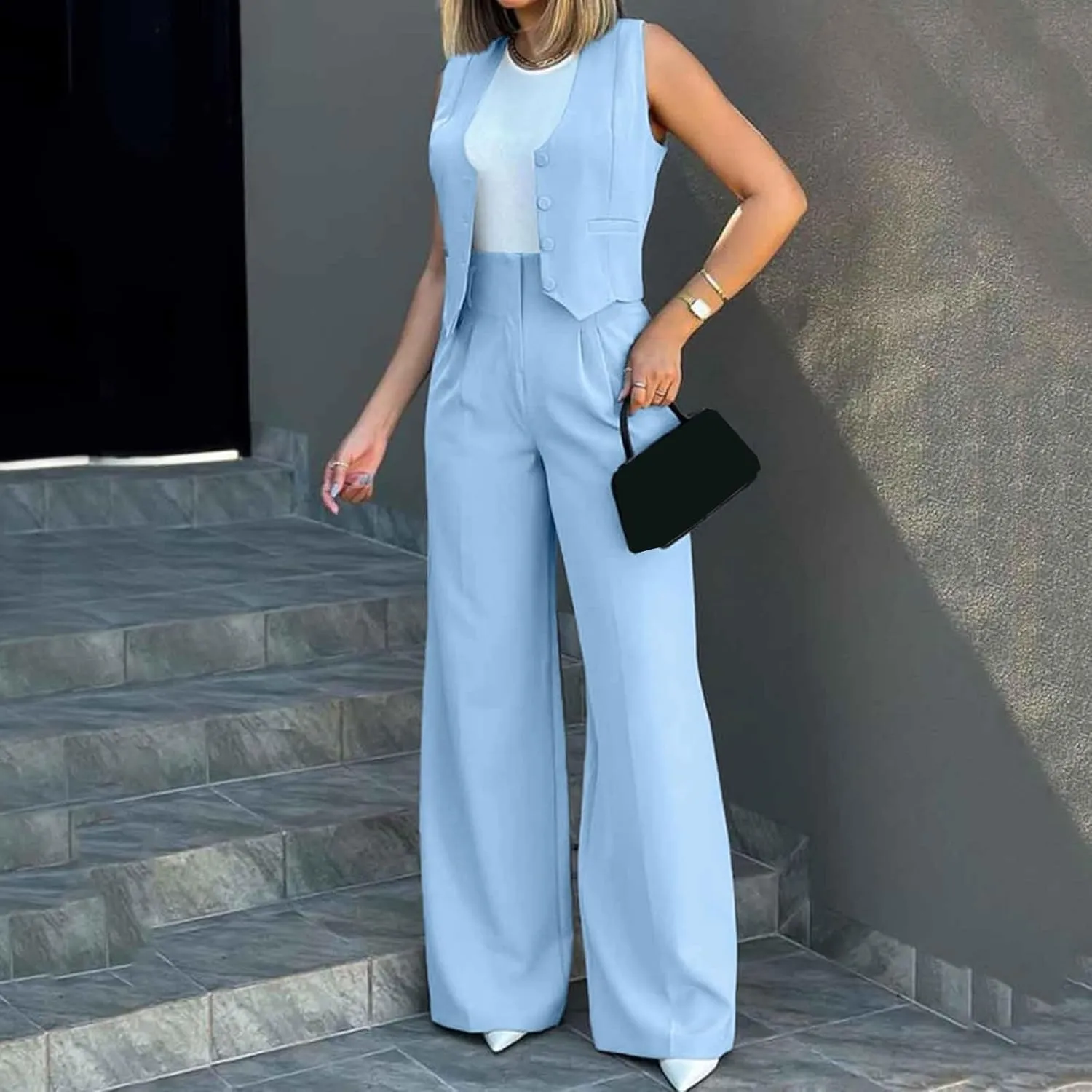 Womens 2 Piece Sets Casual Jacket Suits Short Blazer Vest and High Waist Wide Leg Pant Trendy Lounge Outfits with Pockets