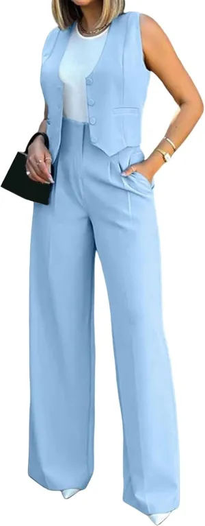 Womens 2 Piece Sets Casual Jacket Suits Short Blazer Vest and High Waist Wide Leg Pant Trendy Lounge Outfits with Pockets