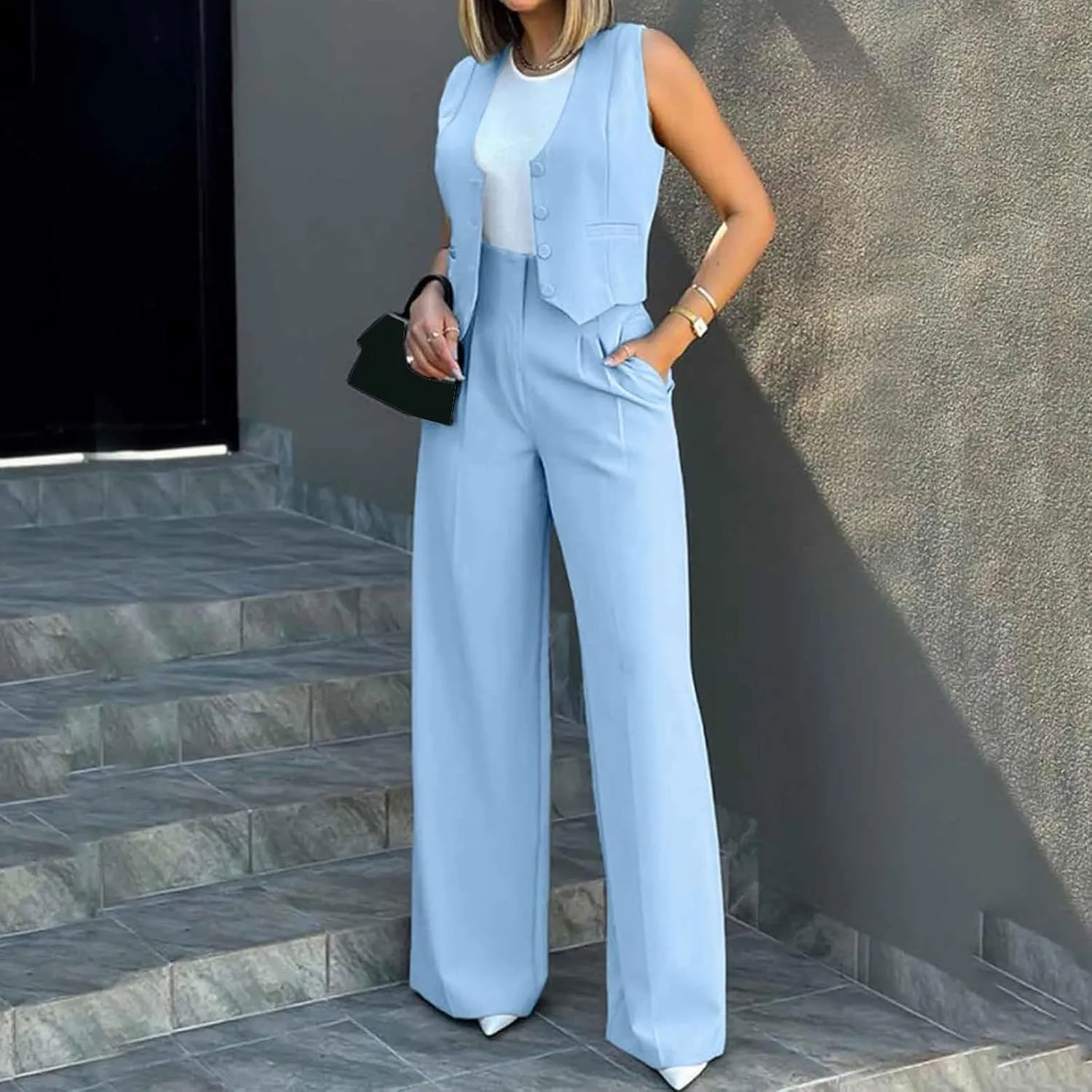 Womens 2 Piece Sets Casual Jacket Suits Short Blazer Vest and High Waist Wide Leg Pant Trendy Lounge Outfits with Pockets