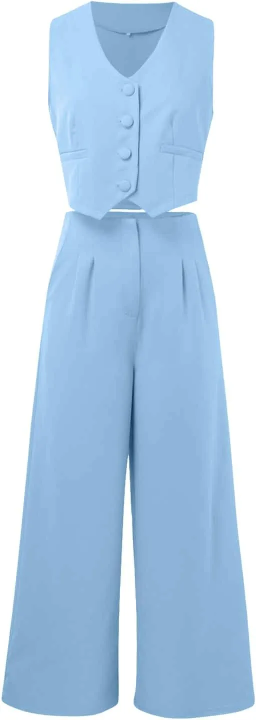 Womens 2 Piece Sets Casual Jacket Suits Short Blazer Vest and High Waist Wide Leg Pant Trendy Lounge Outfits with Pockets