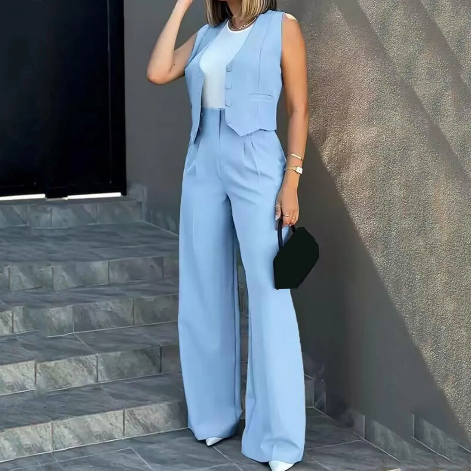 Womens 2 Piece Sets Casual Jacket Suits Short Blazer Vest and High Waist Wide Leg Pant Trendy Lounge Outfits with Pockets