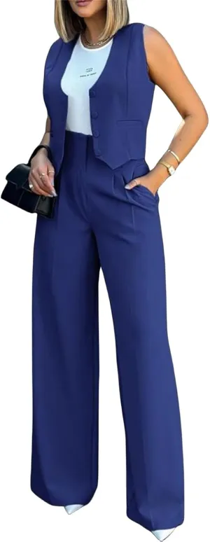 Womens 2 Piece Sets Casual Jacket Suits Short Blazer Vest and High Waist Wide Leg Pant Trendy Lounge Outfits with Pockets