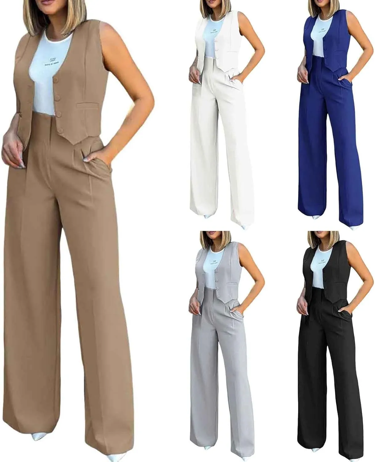 Womens 2 Piece Sets Casual Jacket Suits Sleeveless Blazer Vest High Waist Wide Leg Dressy Pant Business Outfits with Pockets