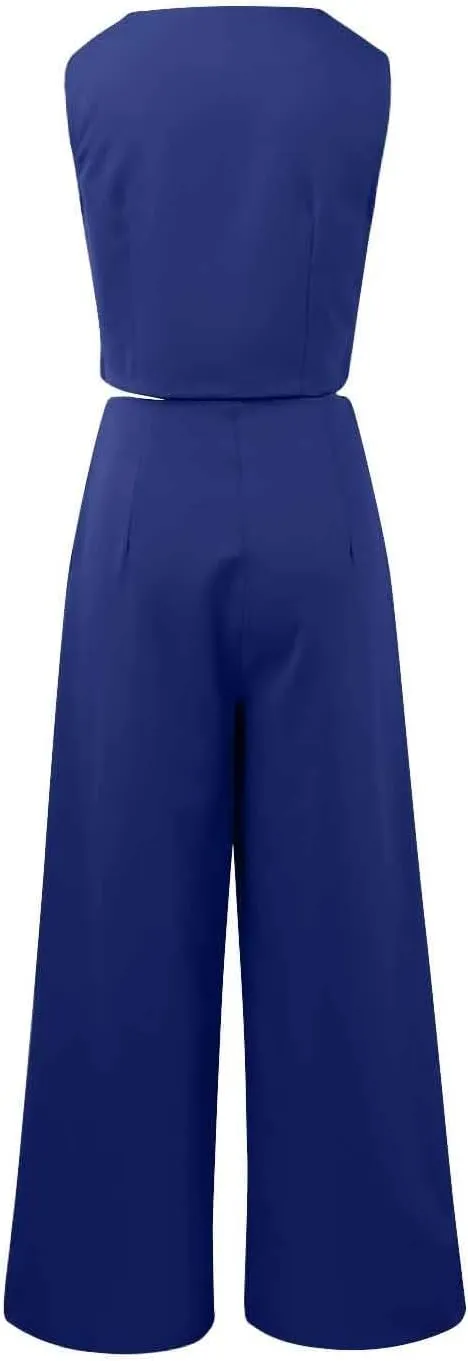 Womens 2 Piece Sets Casual Jacket Suits Sleeveless Blazer Vest High Waist Wide Leg Dressy Pant Business Outfits with Pockets