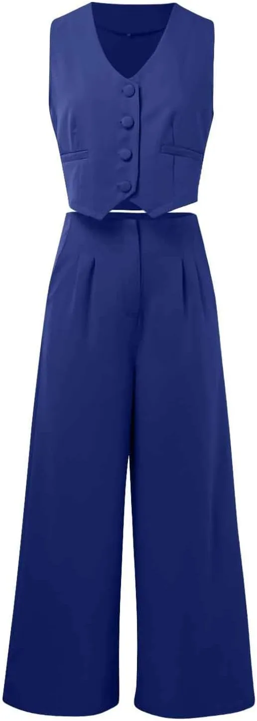 Womens 2 Piece Sets Casual Jacket Suits Sleeveless Blazer Vest High Waist Wide Leg Dressy Pant Business Outfits with Pockets