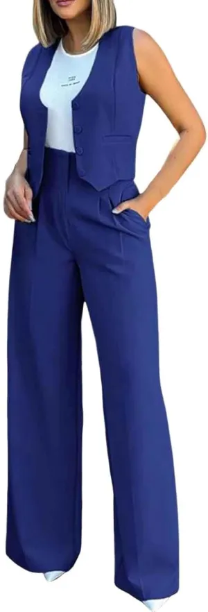 Womens 2 Piece Sets Casual Jacket Suits Sleeveless Blazer Vest High Waist Wide Leg Dressy Pant Business Outfits with Pockets