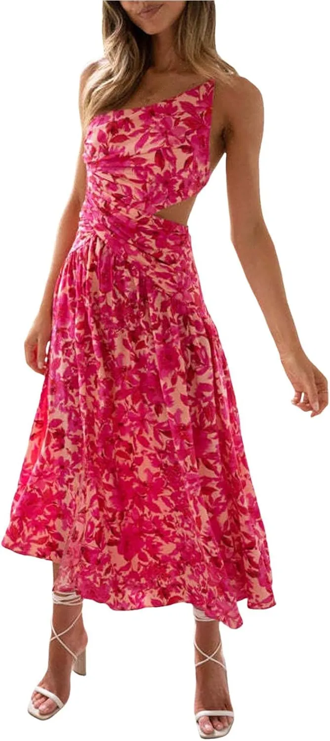 Womens 2024 Summer Dresses Halter Neck Boho Long Floral Dress Backless Ruffle Hem Flowy Tiered Maxi Sundress, Medium