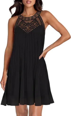 Women's 2025 Lace Hollow Out Halter Mini Dresses Casual Sleeveless Flowy Ruffle Beach Vacation A line Dress